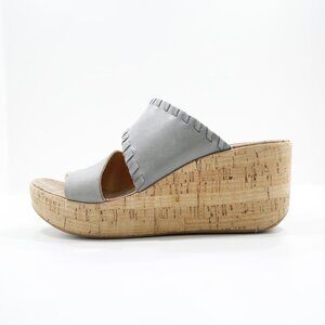 Korks by Kork-Ease Kendri Slate Blue Leather 3" Cork Wedge Sandals - 6